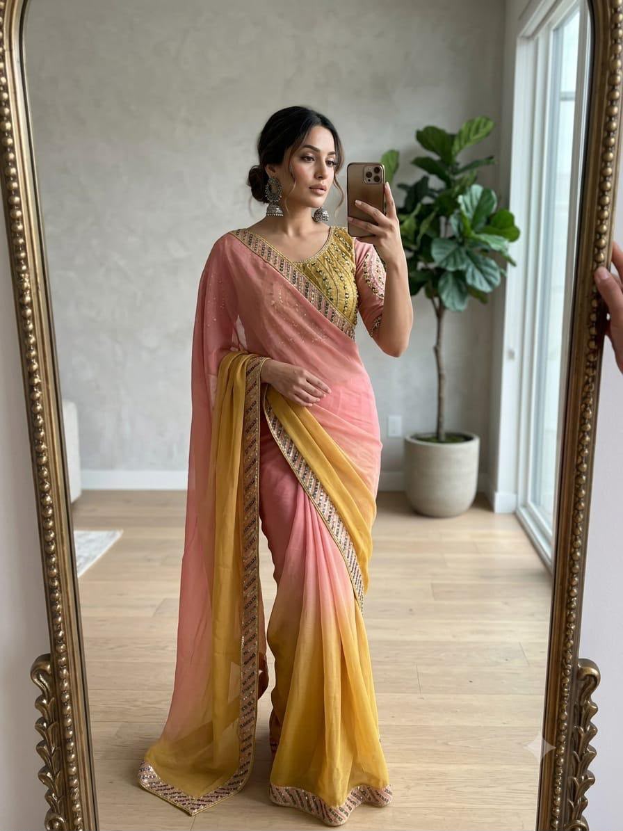 Elegant pink and yellow ombre chiffon saree and Stitched blouse in Germany