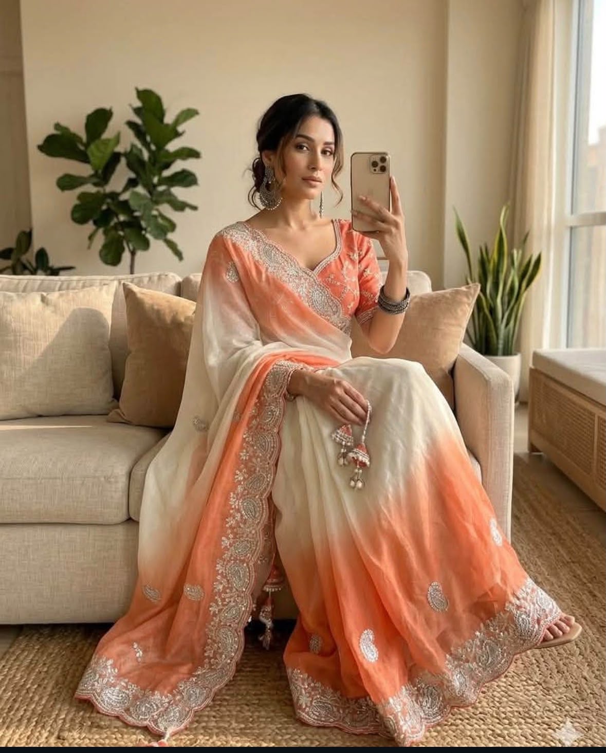 Elegant Ivory and Orange Shaded Saree and Stitched blouse in Germany