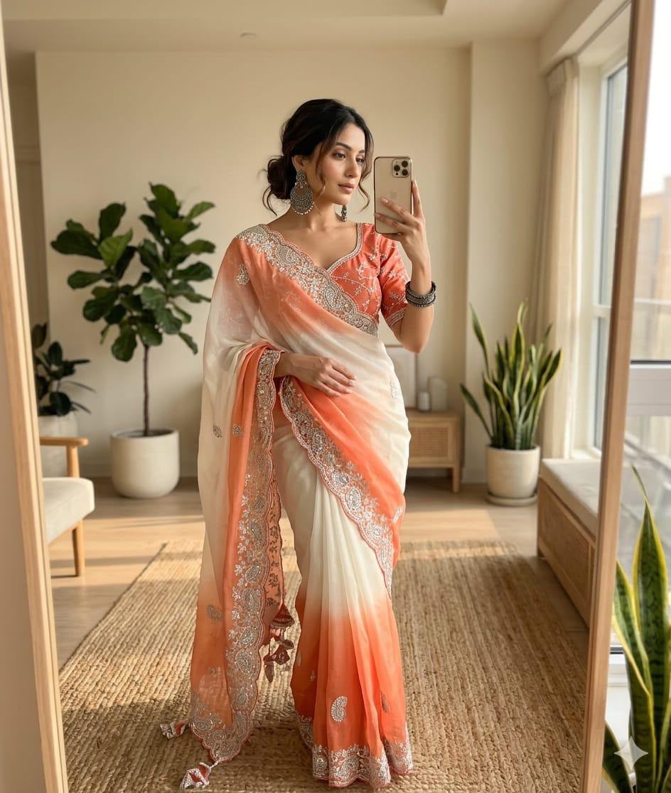 Elegant Ivory and Orange Shaded Saree and Stitched blouse in Germany