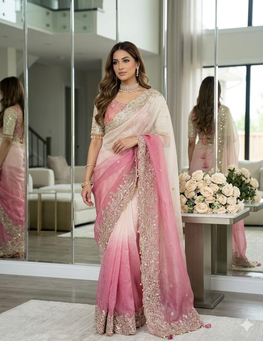 Pink and cream ombre designer saree paired with an intricately embroidered Stitched blouse in Germany