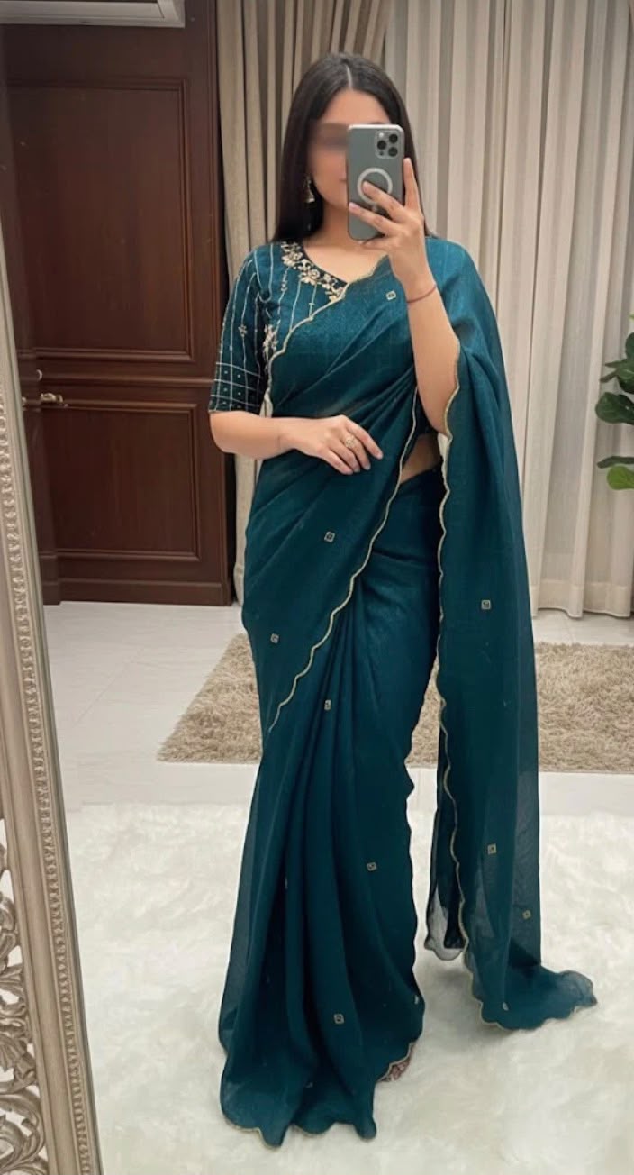 Pure Soft Crunchy Silk Saree with Khatli Handwork Border & Stitched Blouse in Germany
