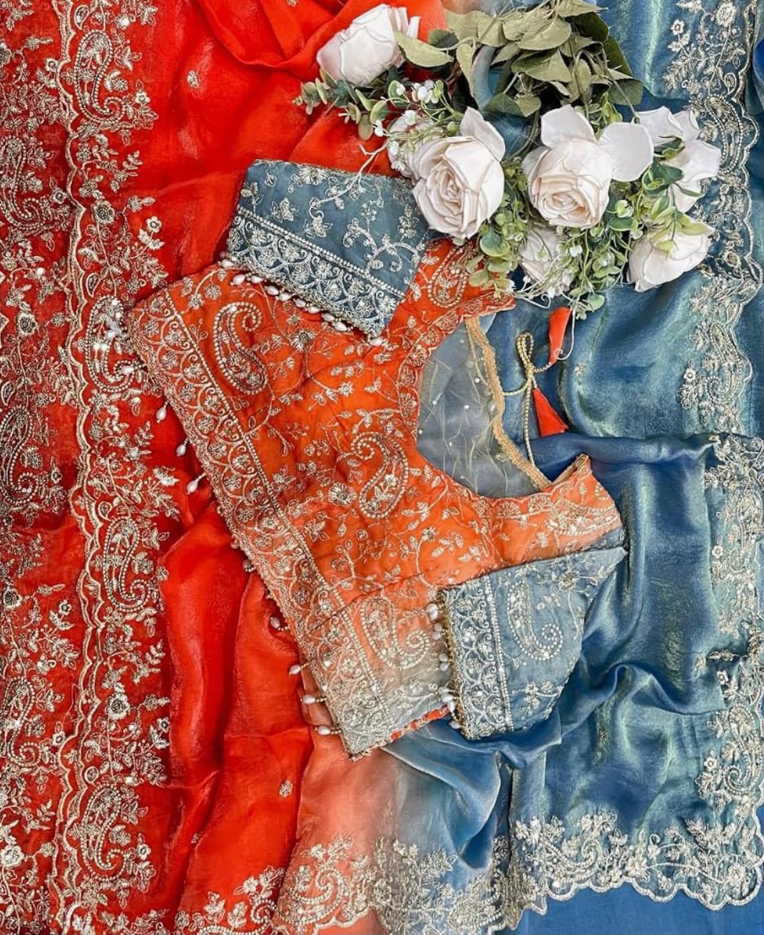 Dual-Tone Embroidered Satin Silk Saree with Ombre Gradient & Stitched Blouse in Germany