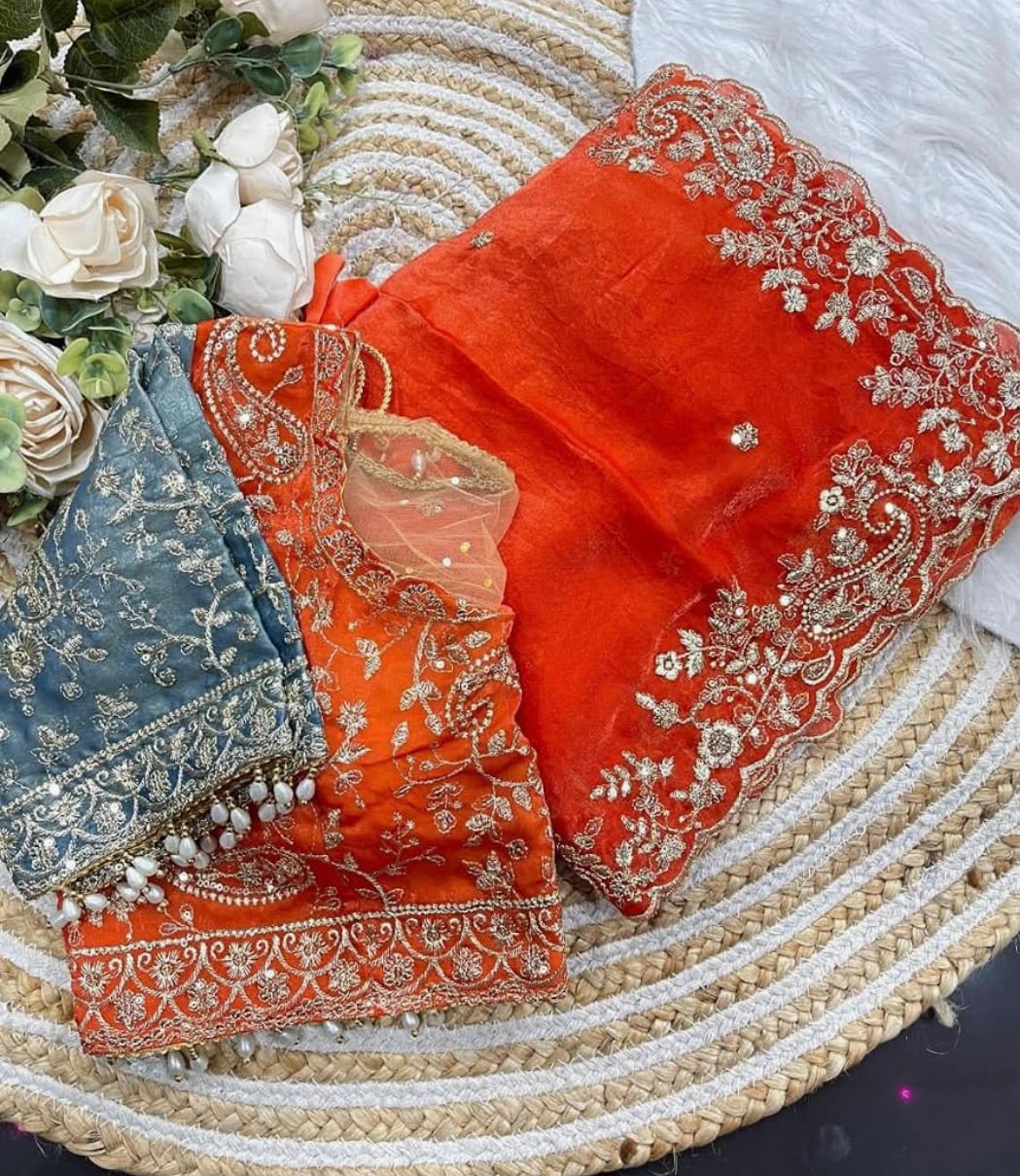 Dual-Tone Embroidered Satin Silk Saree with Ombre Gradient & Stitched Blouse in Germany