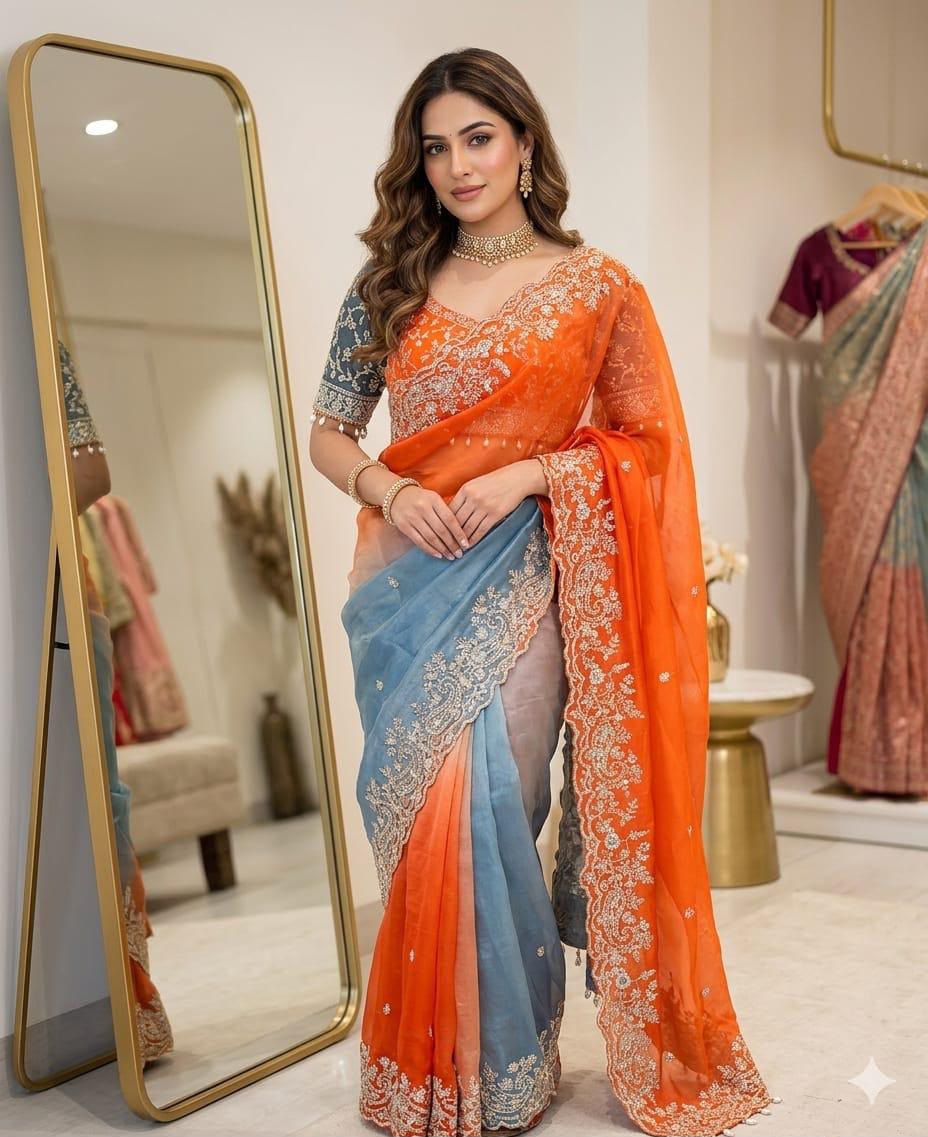 Dual-Tone Embroidered Satin Silk Saree with Ombre Gradient & Stitched Blouse in Germany