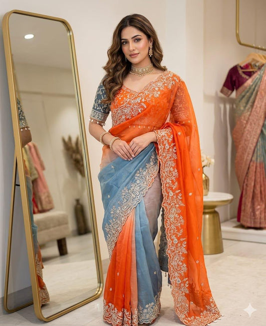 Dual-Tone Embroidered Satin Silk Saree with Ombre Gradient & Stitched Blouse front drape view - Neha Couture Berlin