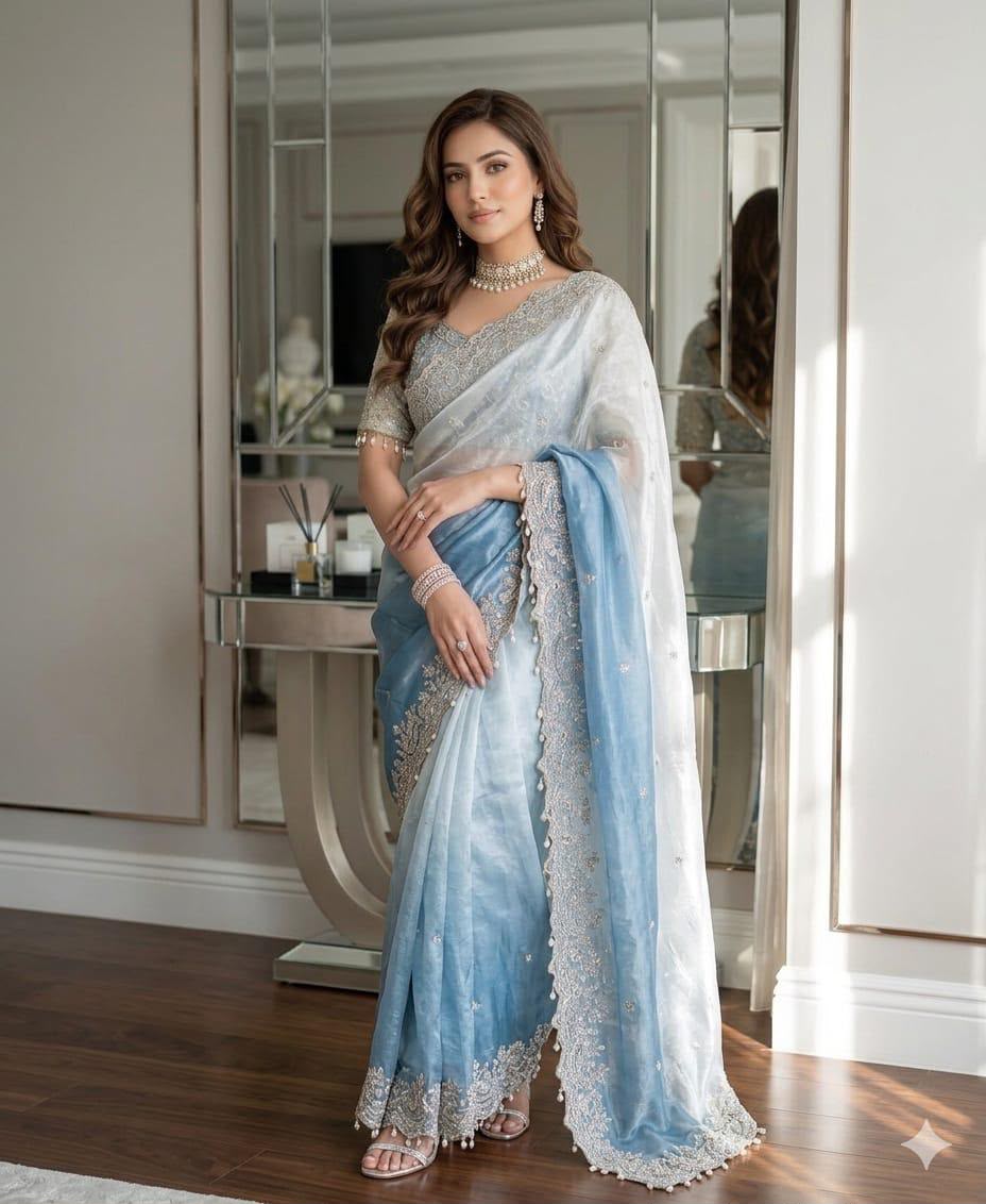 Powder blue and white ombre organza saree & Stitched Blouse in Germany
