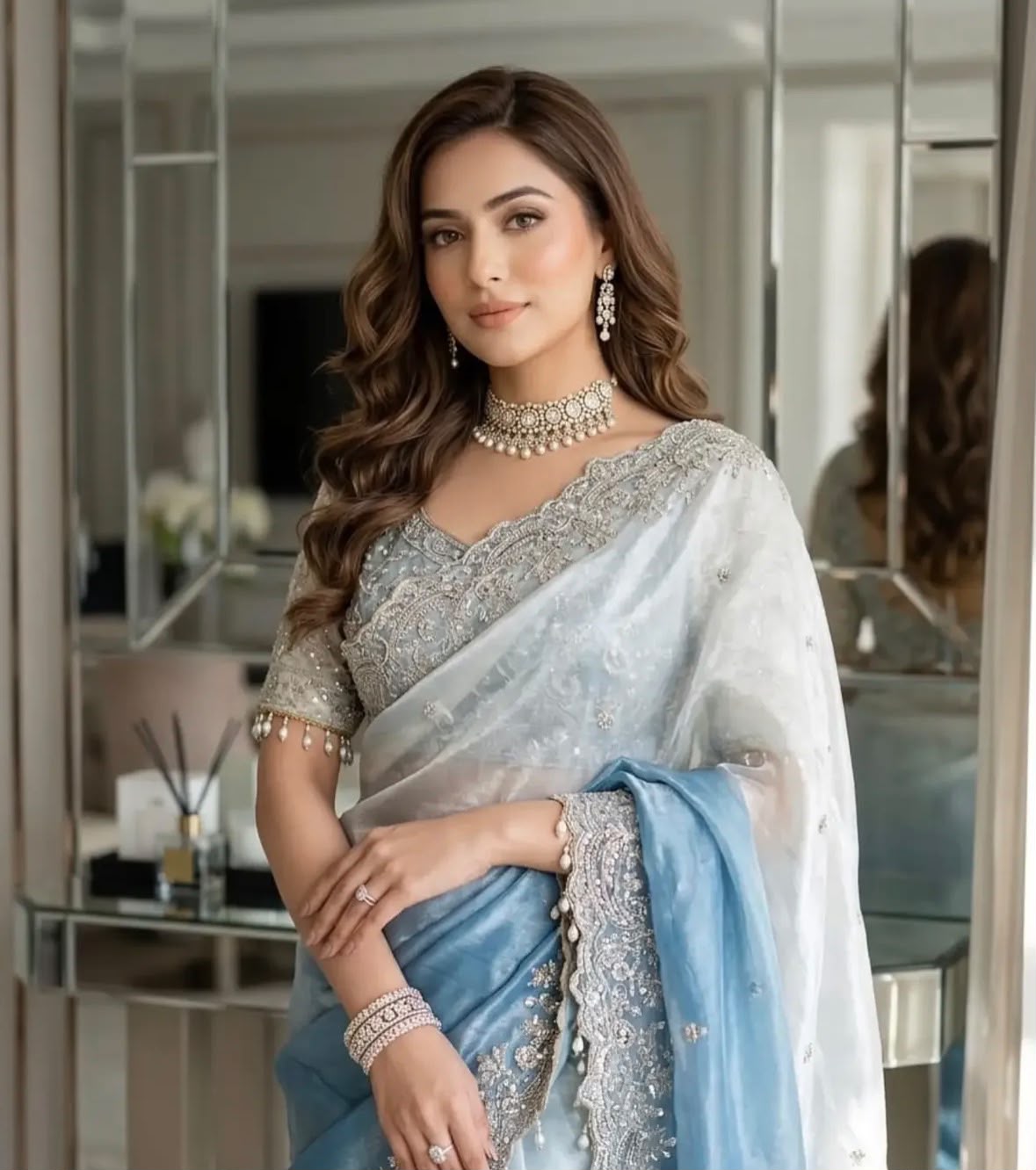 Powder blue and white ombre organza saree & Stitched Blouse in Germany