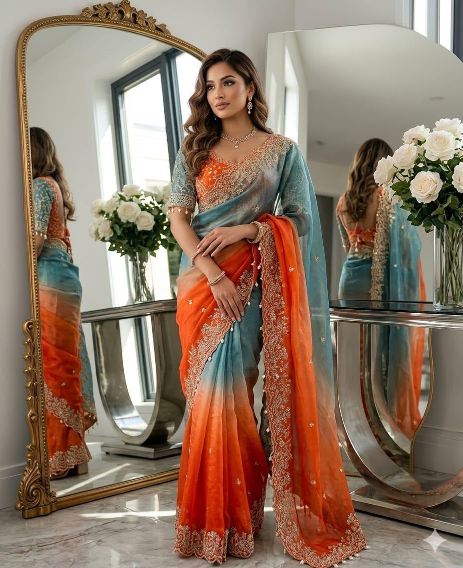 Shaded Ombre Designer Organza Saree and stitched Blouse in Germany