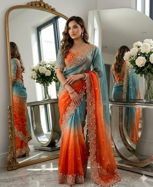 Shaded Ombre Designer Organza Saree and stitched Blouse in Germany