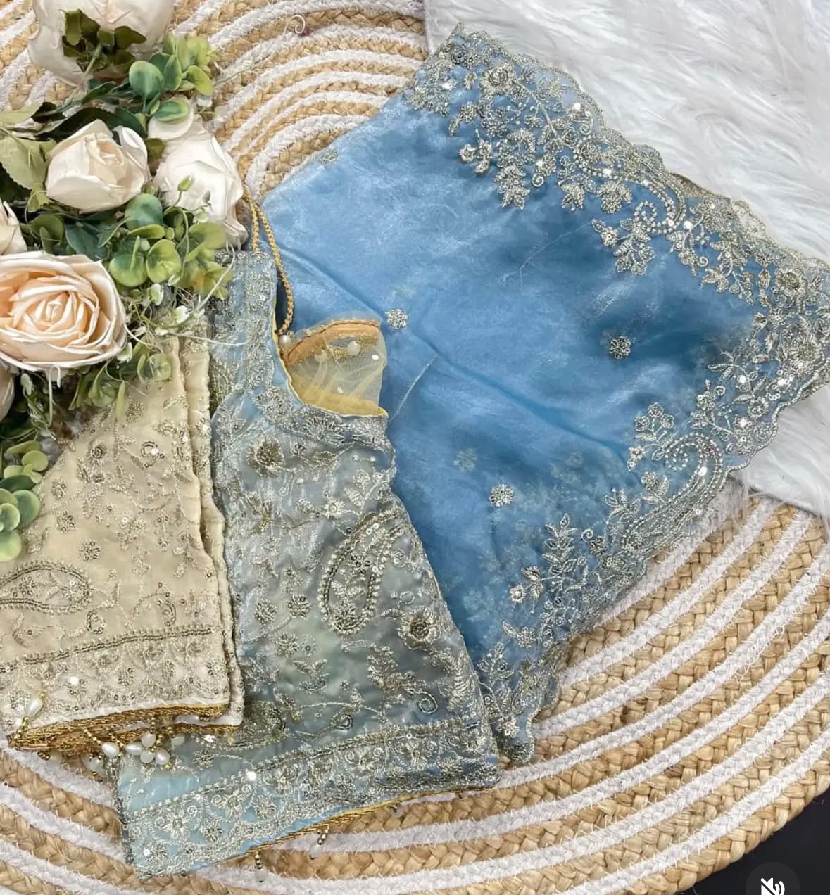 Powder blue and white ombre organza saree & Stitched Blouse in Germany