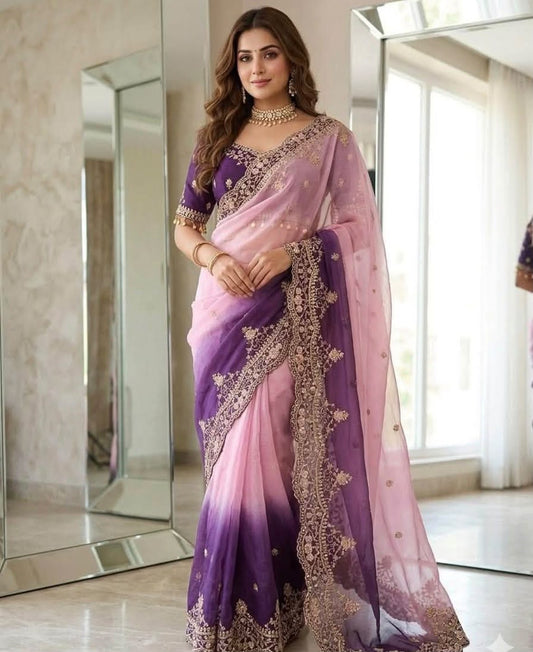 Pink and Purple Ombre Georgette Designer Saree with Heavy Embroidered Border and stitched Blouse in Germany