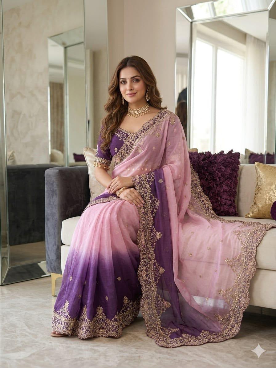 Pink and Purple Ombre Georgette Designer Saree with Heavy Embroidered Border and stitched Blouse in Germany