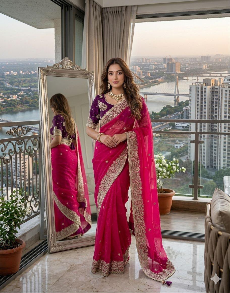 Royal Pink Festive Saree Elegance and stitched Blouse in Germany