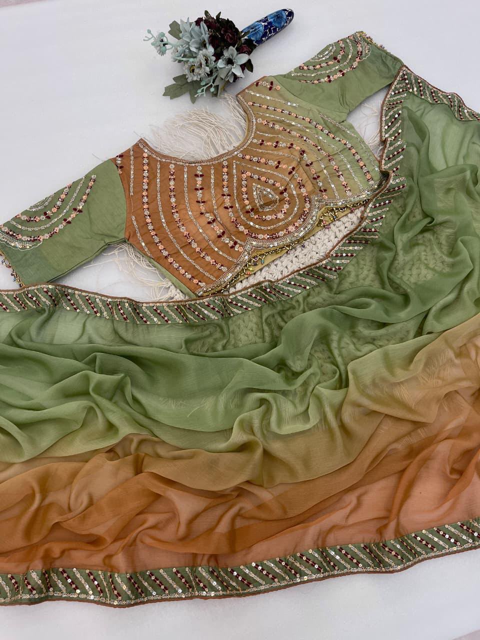 Olive Green & Ochre Beige Ombré Georgette Saree with Heavy Embroidered Designer stitched Blouse in Germany