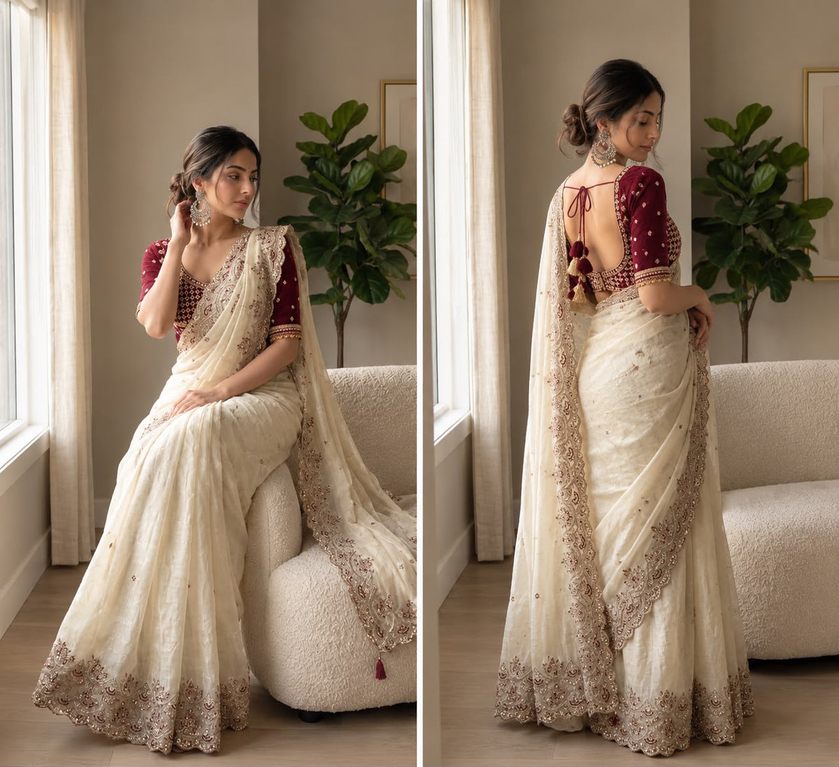 Elegant Off-White Satin Silk Saree with Velvet stitched Blouse in Germany