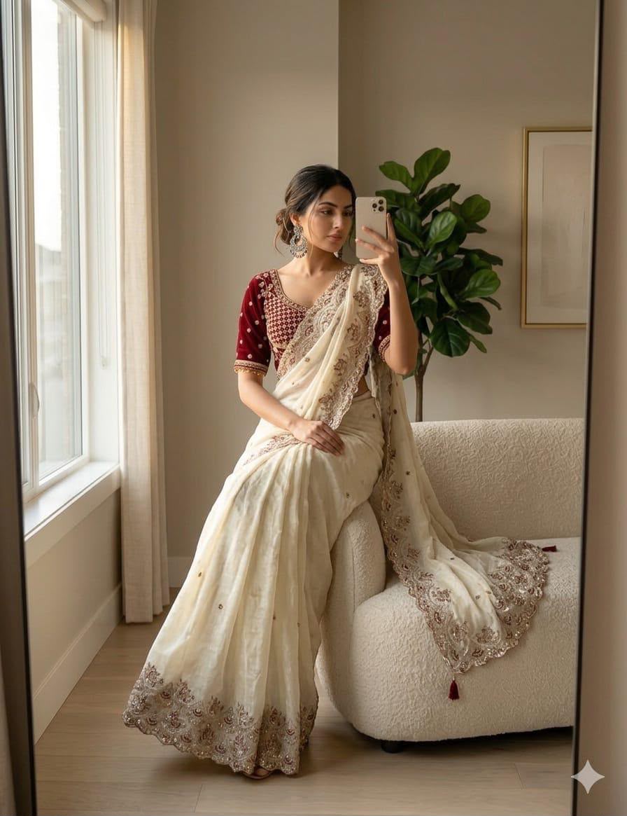Elegant Off-White Satin Silk Saree with Velvet stitched Blouse in Germany