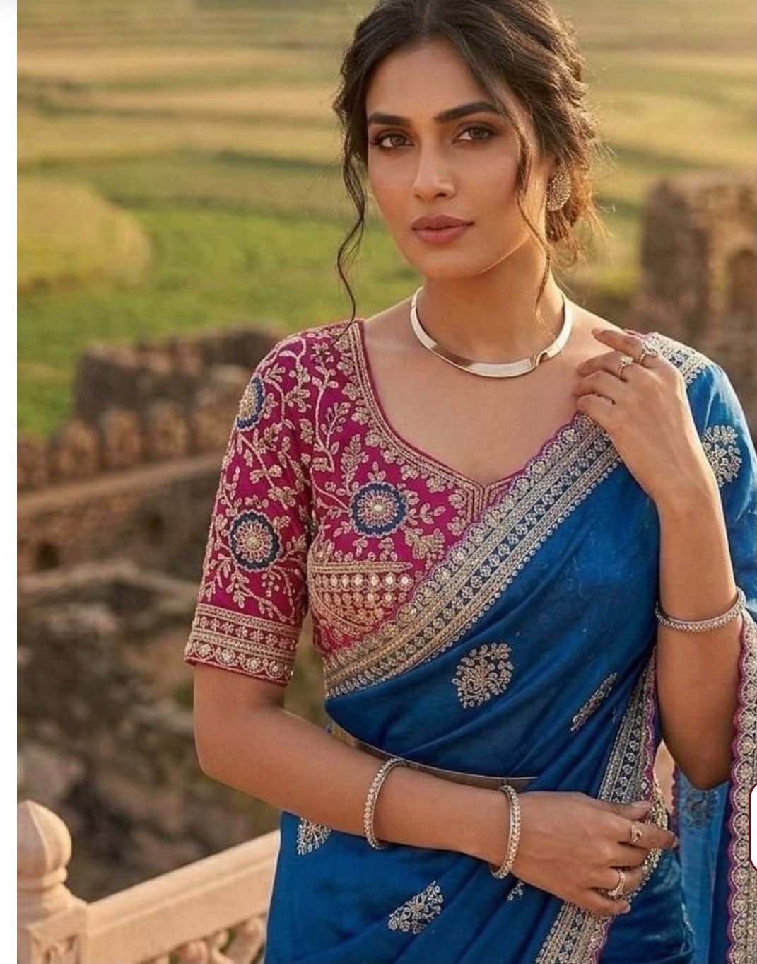 Royal Blue Embroidered Satin Silk Saree with Contrast Pink Sequined stitched Blouse in Germany