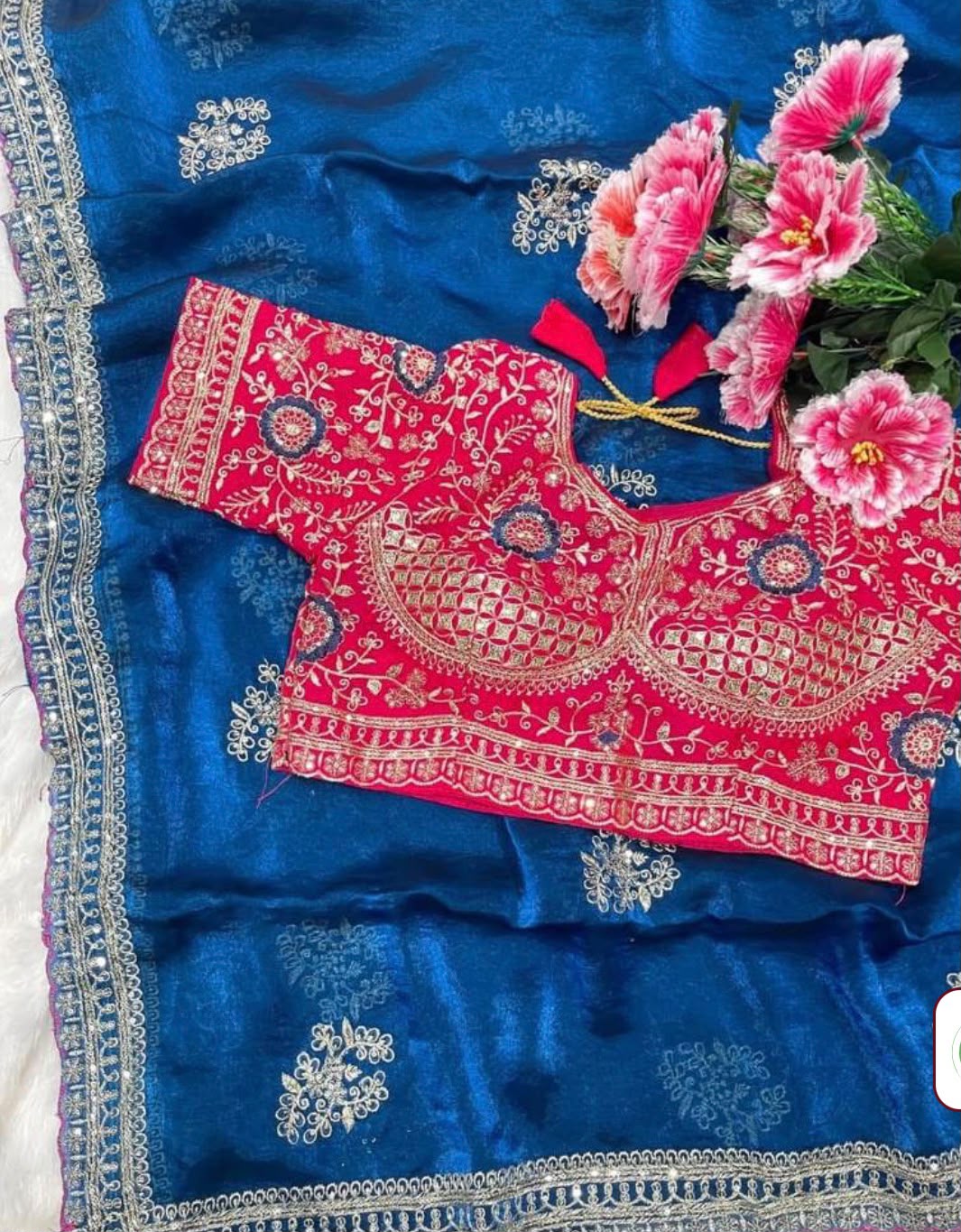 Royal Blue Embroidered Satin Silk Saree with Contrast Pink Sequined stitched Blouse in Germany