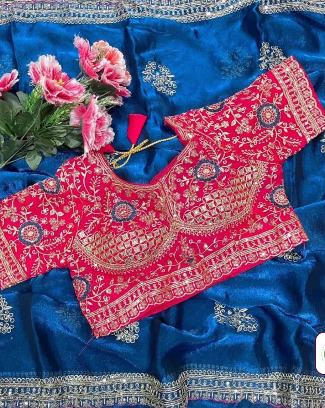 Royal Blue Embroidered Satin Silk Saree with Contrast Pink Sequined stitched Blouse in Germany