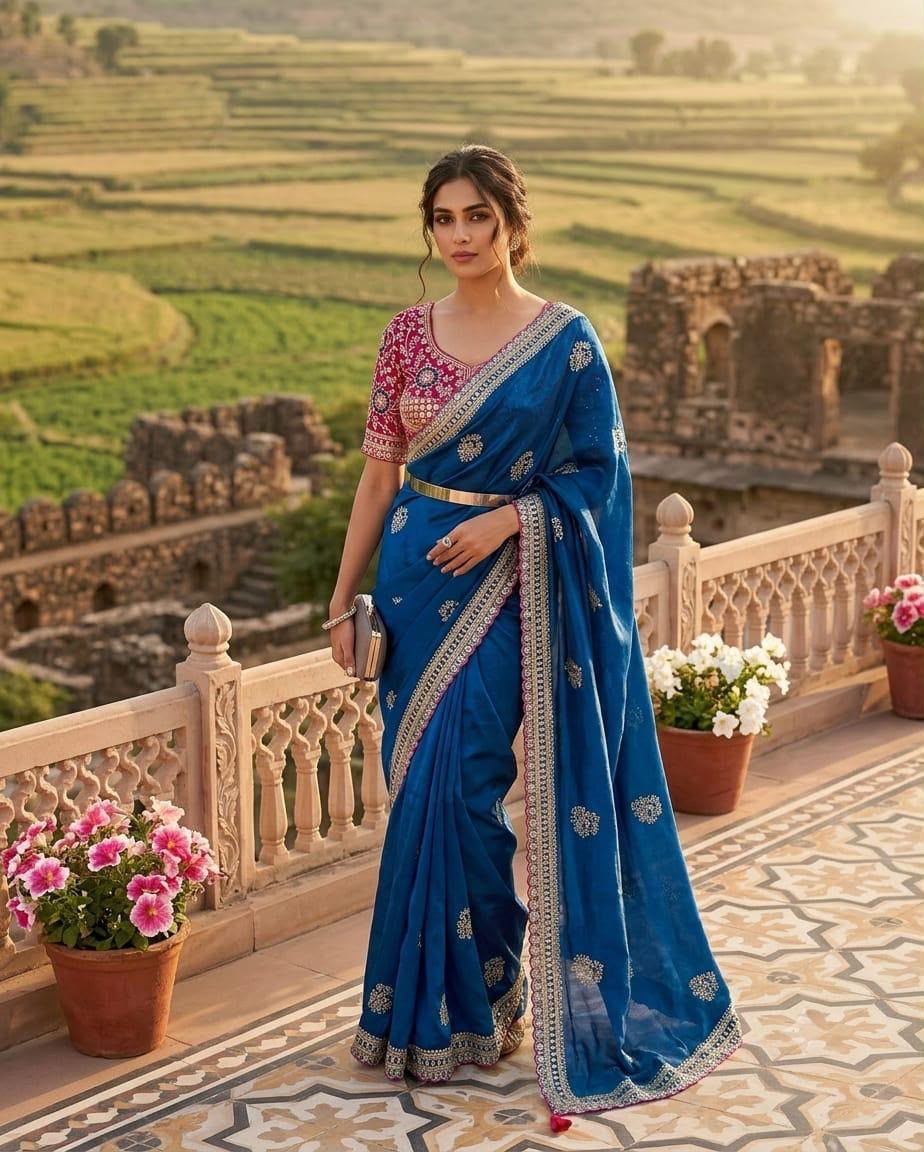 Royal Blue Embroidered Satin Silk Saree with Contrast Pink Sequined stitched Blouse in Germany