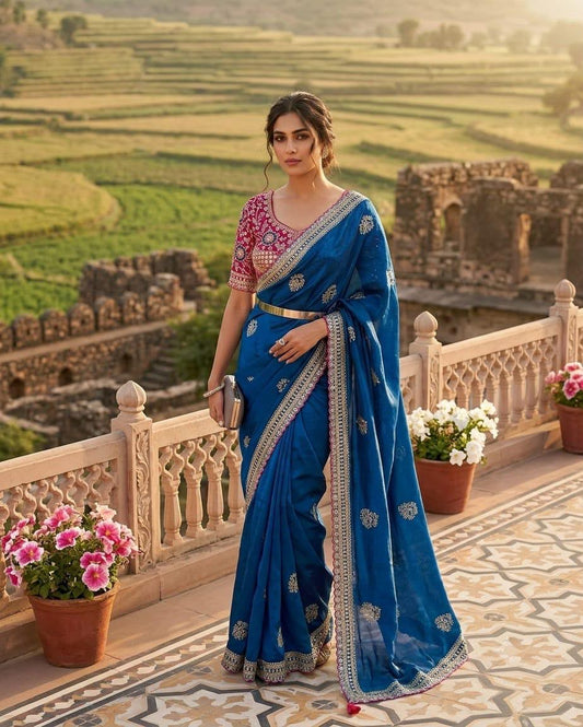Royal Blue Embroidered Satin Silk Saree with Contrast Pink Sequined stitched Blouse in Germany
