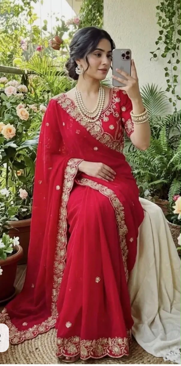 Red Embroidered Chiffon Saree with Scalloped Zari Border stitched Blouse in Germany