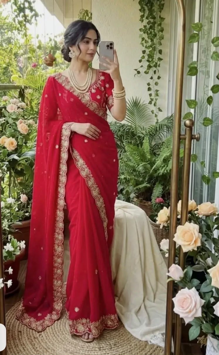 Red Embroidered Chiffon Saree with Scalloped Zari Border stitched Blouse in Germany
