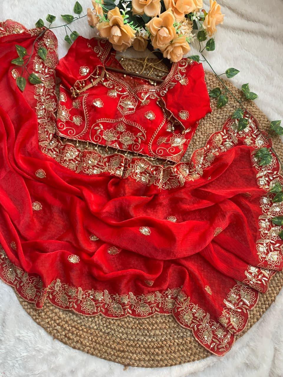 Red Embroidered Chiffon Saree with Scalloped Zari Border stitched Blouse in Germany