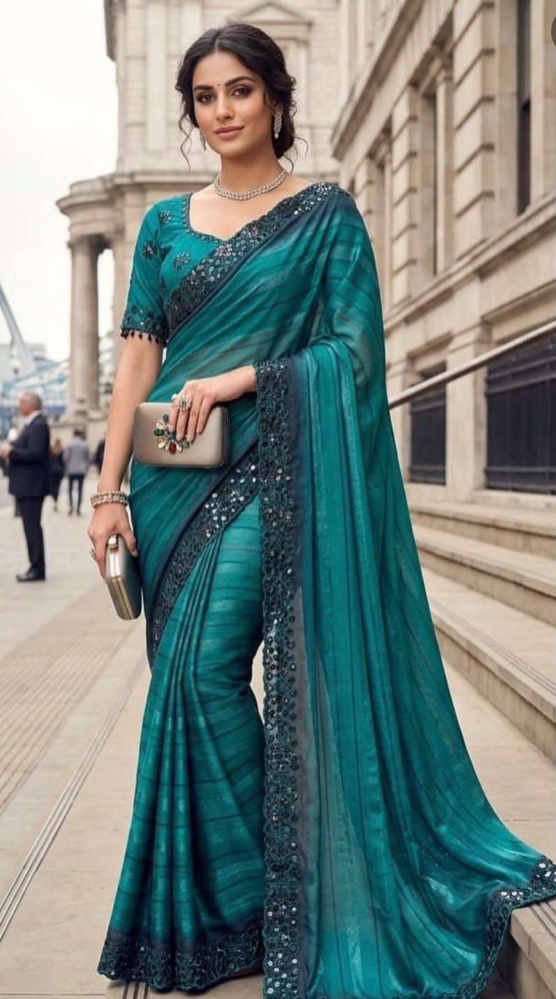 Elegant Teal Blue Georgette Designer Party Wear Saree stitched Blouse in Germany