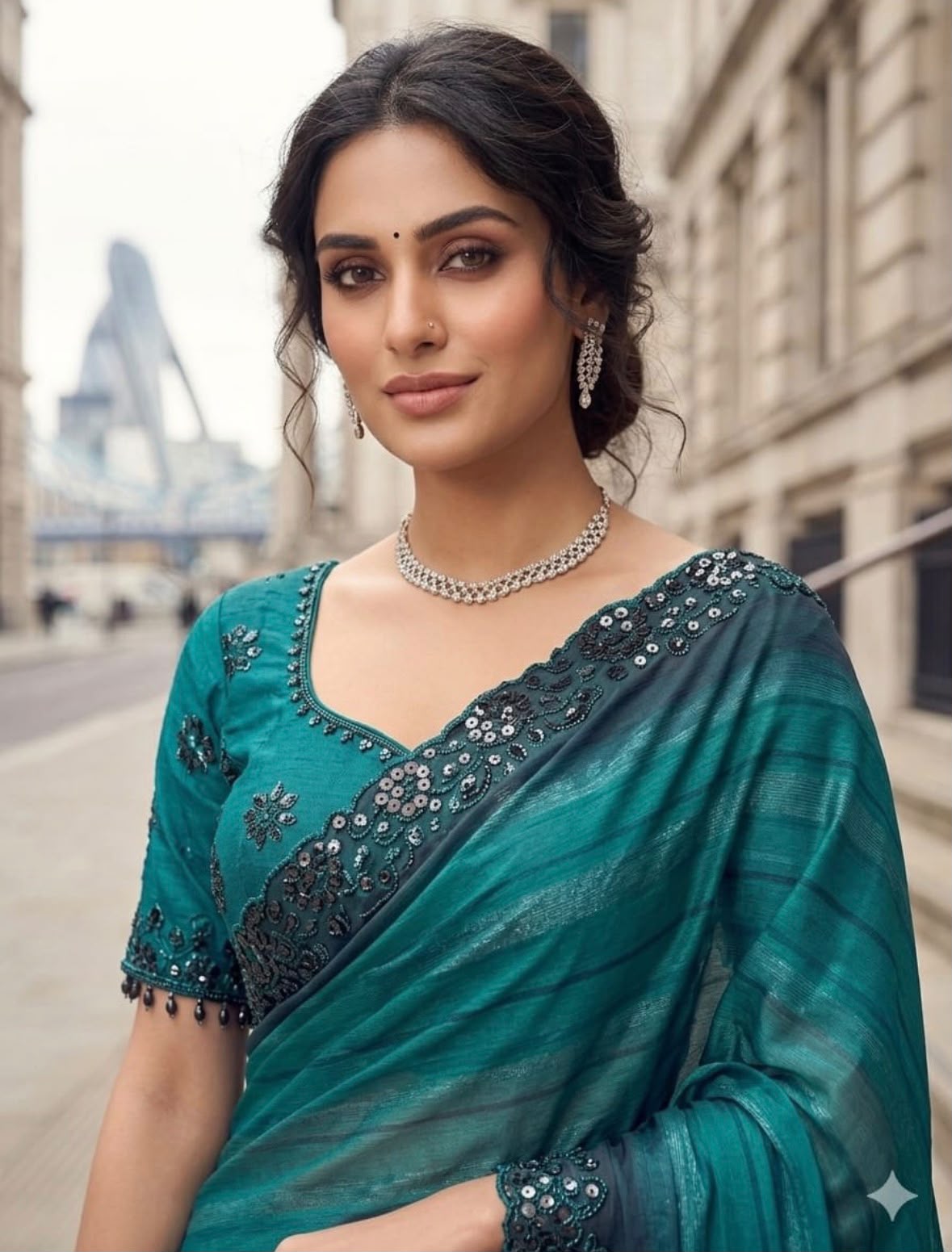 Elegant Teal Blue Georgette Designer Party Wear Saree stitched Blouse in Germany