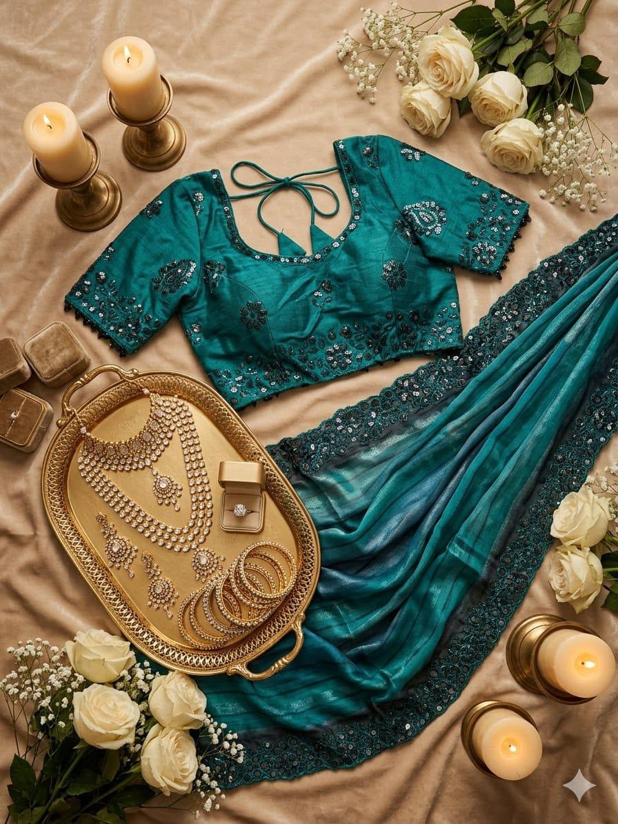 Elegant Teal Blue Georgette Designer Party Wear Saree stitched Blouse in Germany