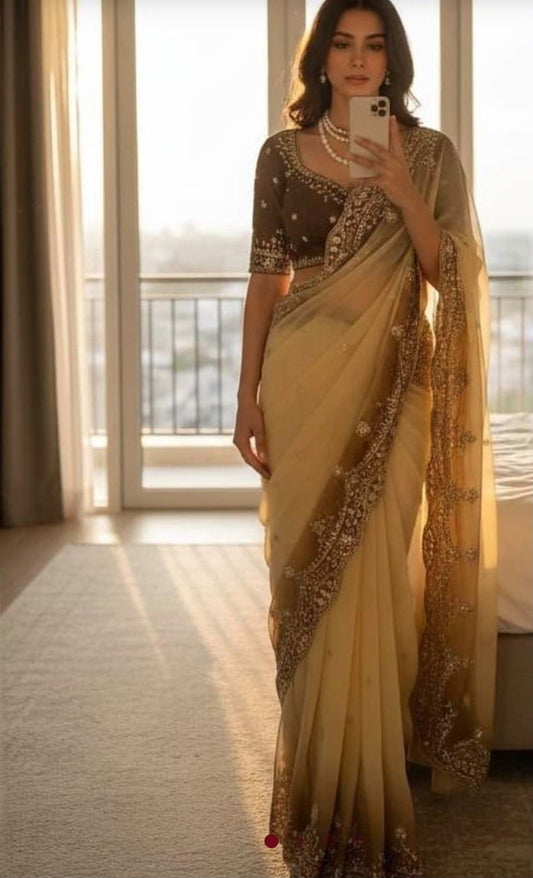 Elegant Espresso Brown and Cream Designer Saree with Intricate Gold Embroidery stitched Blouse in Germany