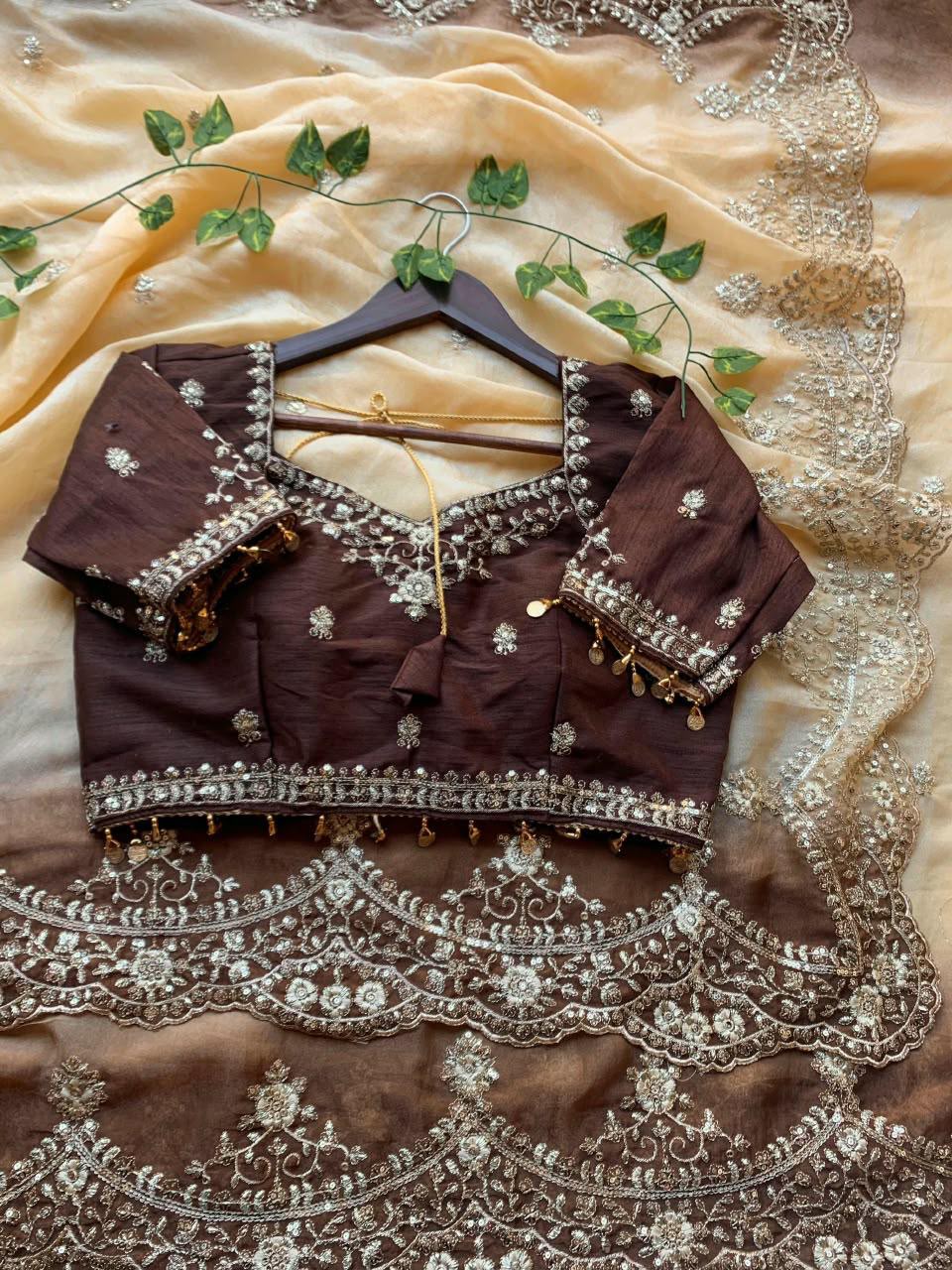 Elegant Espresso Brown and Cream Designer Saree with Intricate Gold Embroidery stitched Blouse in Germany