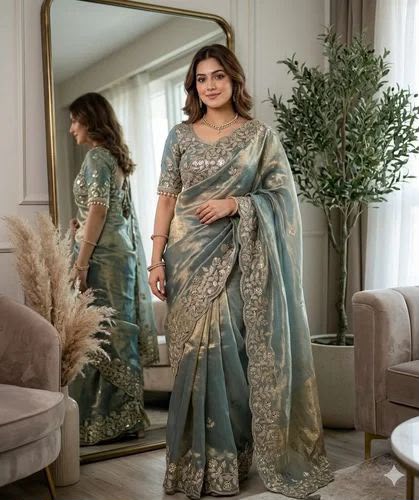 Sage Green Embroidered Organza Saree stitched Blouse in Germany