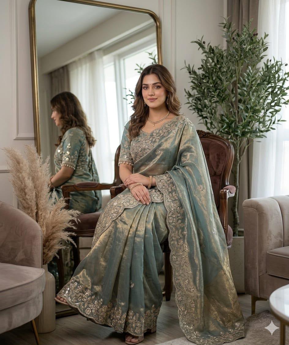 Sage Green Embroidered Organza Saree stitched Blouse in Germany