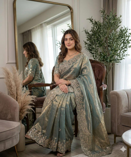 Sage Green Embroidered Organza Saree stitched Blouse in Germany