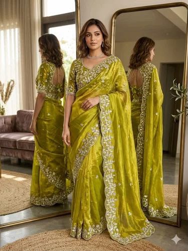 Lime Green Embroidered Organza Saree stitched Blouse in Germany
