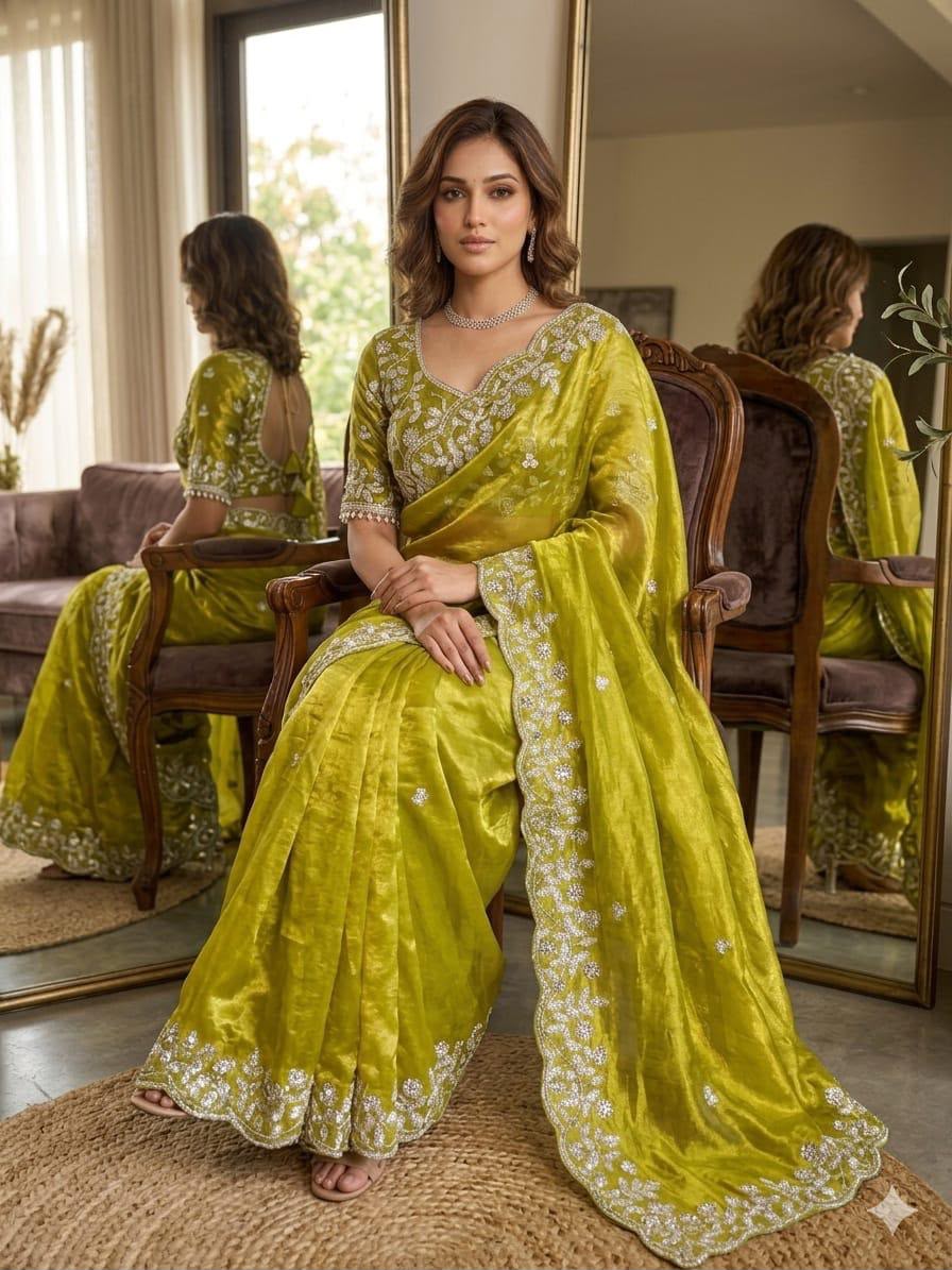 Lime Green Embroidered Organza Saree stitched Blouse in Germany