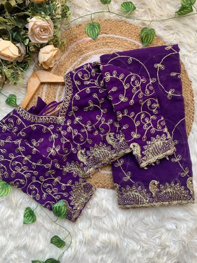 Elegant Purple Georgette Embroidered Party Wear Saree stitched Blouse in Germany