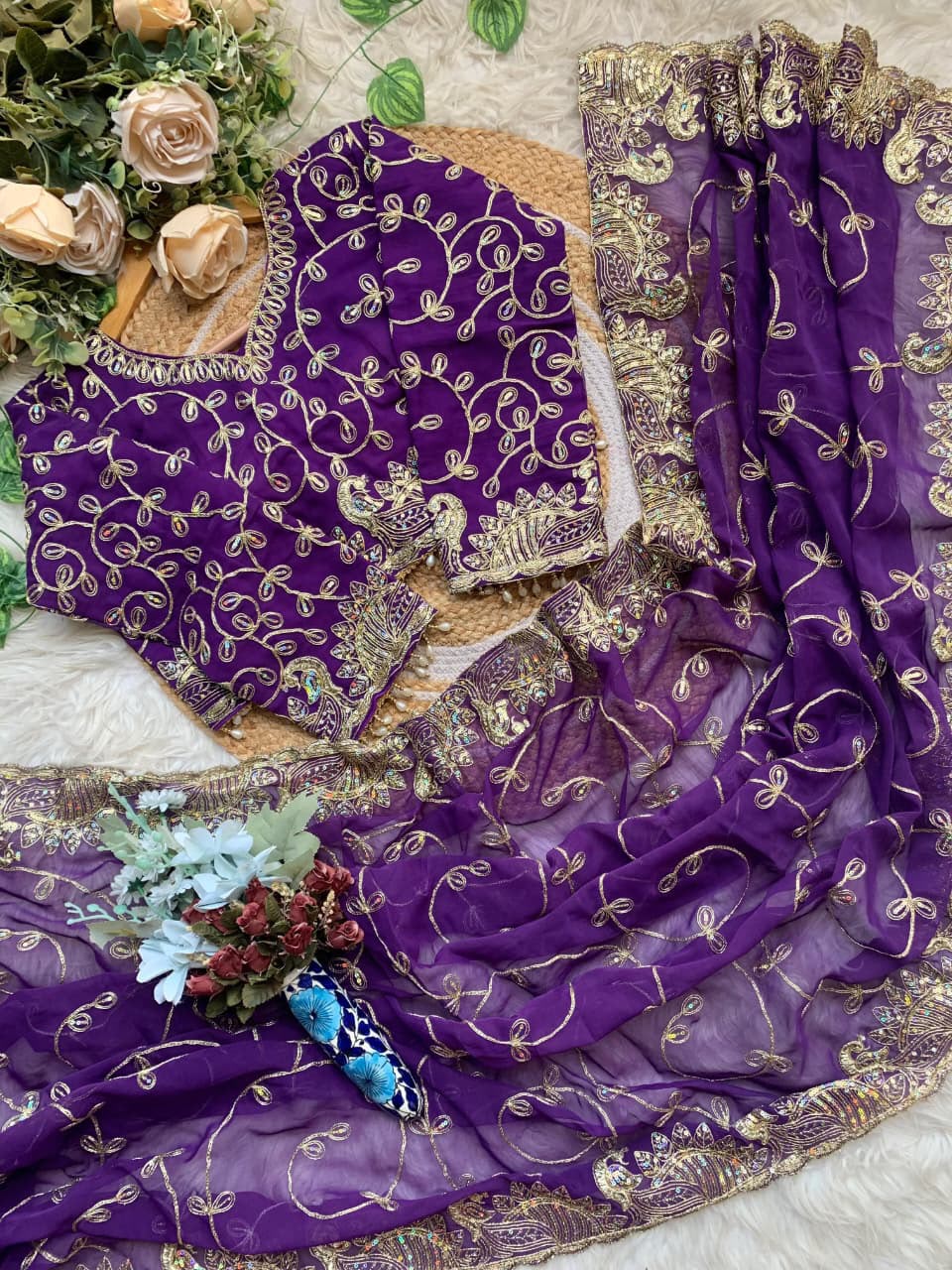 Elegant Purple Georgette Embroidered Party Wear Saree stitched Blouse in Germany