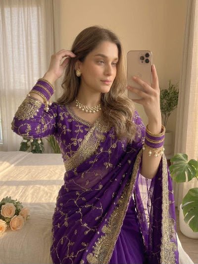 Elegant Purple Georgette Embroidered Party Wear Saree stitched Blouse in Germany