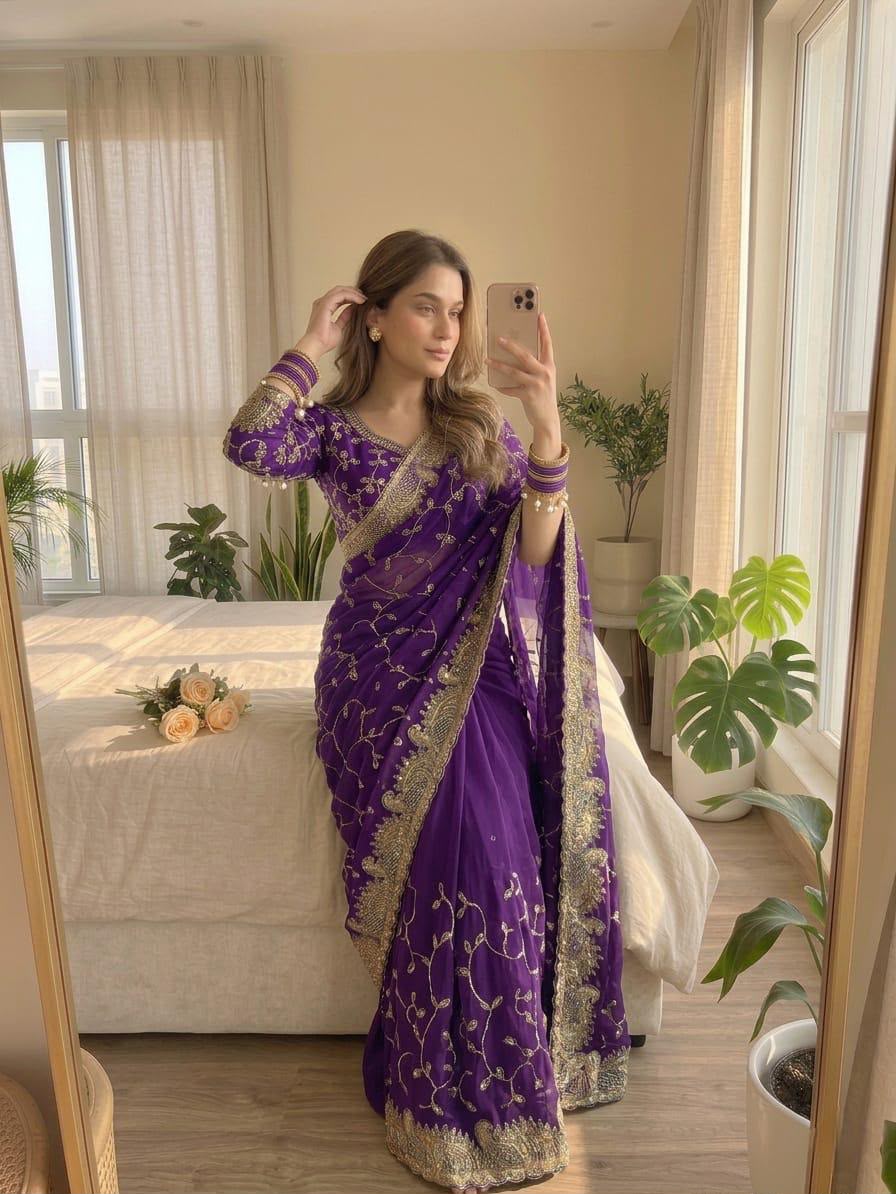 Elegant Purple Georgette Embroidered Party Wear Saree stitched Blouse in Germany