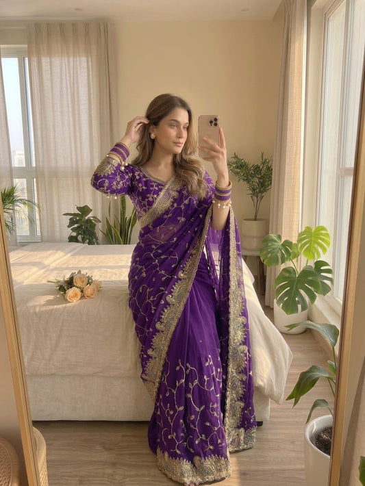 Elegant Purple Georgette Embroidered Party Wear Saree stitched Blouse in Germany