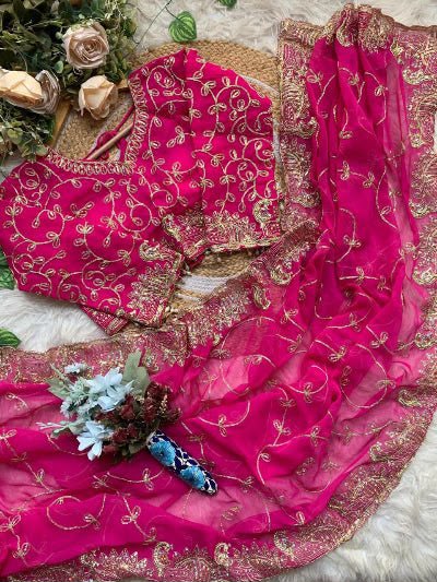 Elegant Pink Georgette Embroidered Party Wear Saree stitched Blouse in Germany