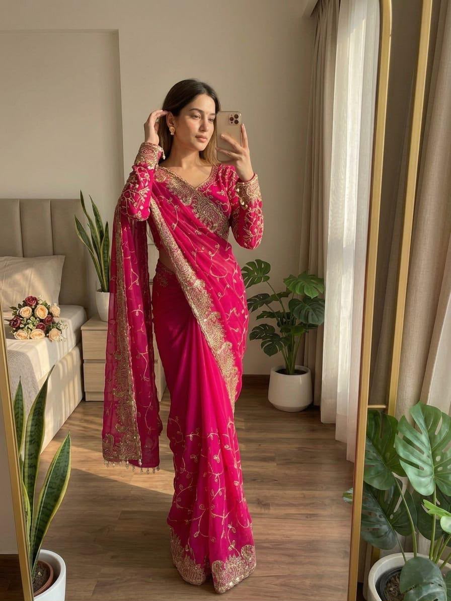 Elegant Pink Georgette Embroidered Party Wear Saree stitched Blouse in Germany