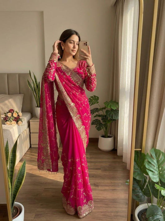 Elegant Pink Georgette Embroidered Party Wear Saree stitched Blouse in Germany