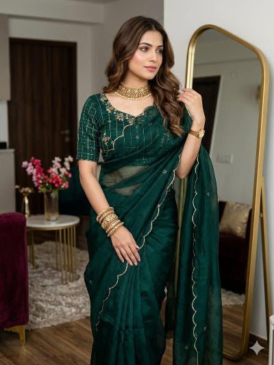 Bottle Green Organza/Silk Saree with Scalloped Border and Embroidered stitched Blouse in Germany
