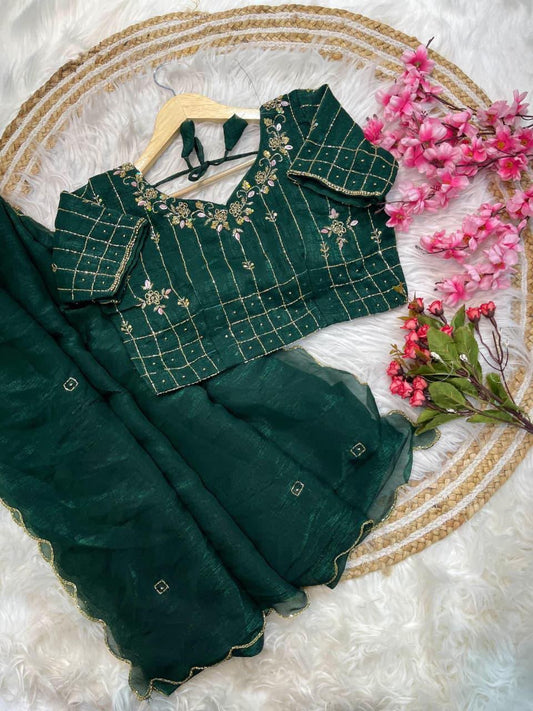 Bottle Green Organza-Silk Saree with Scalloped Border and Embroidered stitched Blouse embroidery and fabric detail - Neha Couture Indian Fashion
