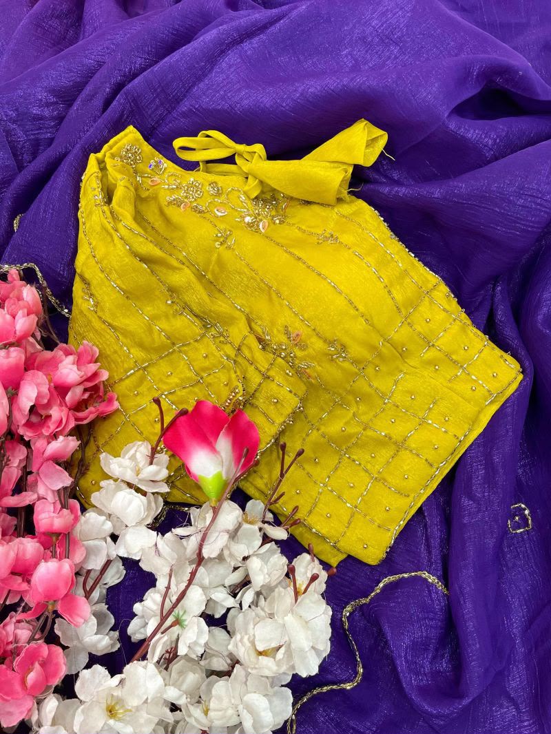 Purple Crunchy Silk Saree with a Contrast Mustard Yellow stitched Blouse in Germany