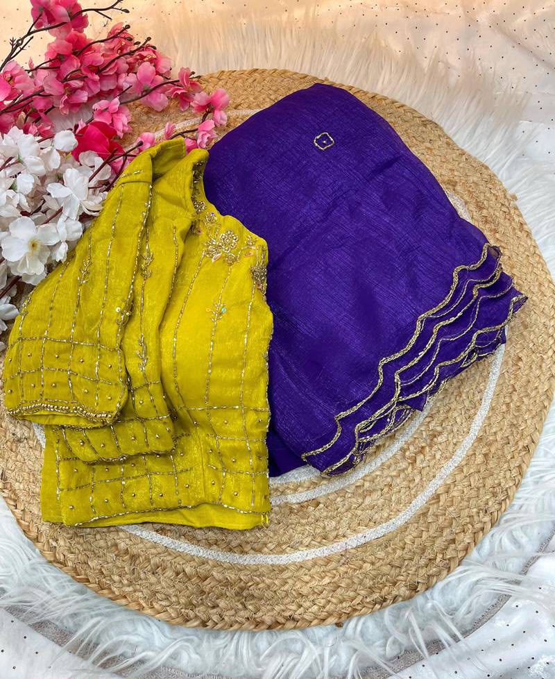 Purple Crunchy Silk Saree with a Contrast Mustard Yellow stitched Blouse in Germany
